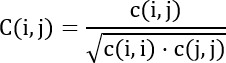 Statistical correlation formula diagram, C(i,j)=c(i,j)/√[c(i,i)·c(j,j)], data analysis tool.