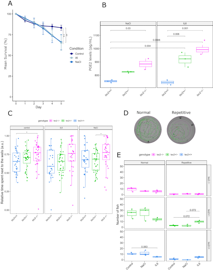Experimental data analysis with survival curves, box plots, genotype comparison, and behavioral assay.
