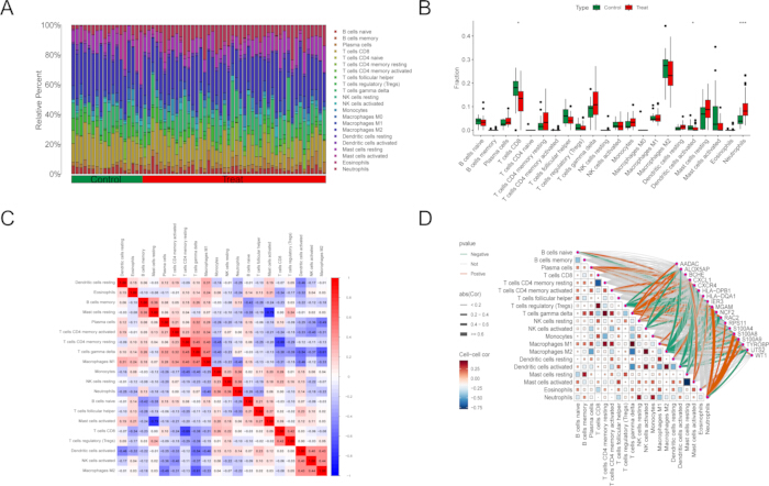 figure-results-8 Bar graph and heatmap for immune cell profile analysis; includes correlation matrix and network plot.
