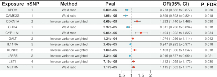 figure-results-2 Genetic data analysis; forest plot; SNP associations; statistical significance assessment; odds ratios.