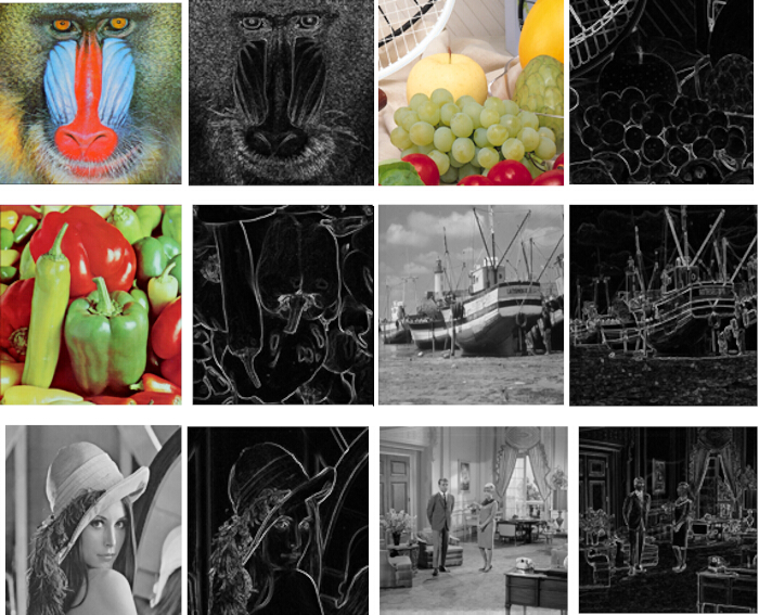 Color and edge detection in image processing; comparison grid of original and edge-enhanced images.