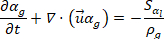 Fluid dynamics equation ∂a/∂t + ∇·(ua) = -S/ρ diagram; conservation of mass principle.