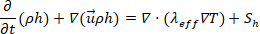 Equation of energy transport in fluid dynamics; includes symbols, differential operators, gradient.