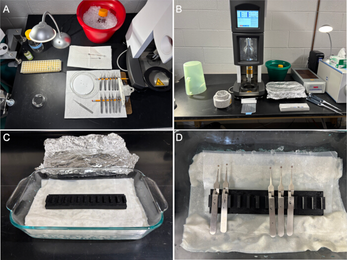 figure-protocol-2 Laboratory setup for material testing; includes injection syringes, testing machine, and alignment tools.