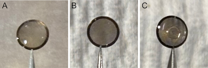 figure-protocol-4 Optical lens coating comparison; experiment on surface tension effects; microscopy images A-C.