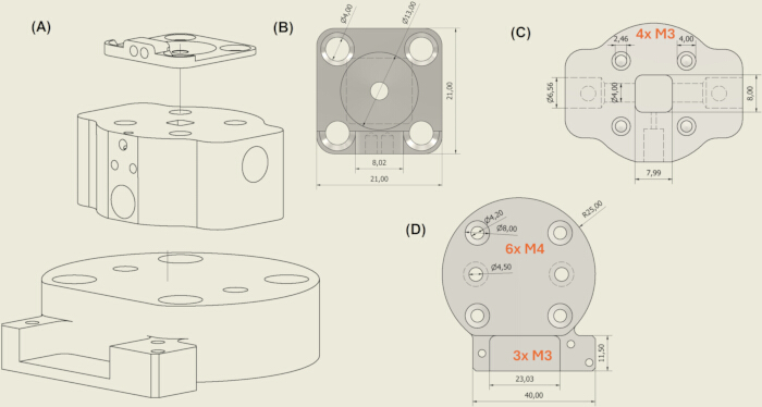 Mechanical assembly drawing, CAD design diagram, includes measurements and component layout.