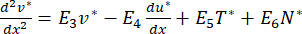Differential equation, d²v*/dx²=E₃v*−E₄du*/dx+E₅T*+E₆N*, formula.
