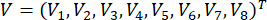 Vector notation, equation \( V = (V_1, V_2, V_3, V_4, V_5, V_6, V_7, V_8)^T \), mathematical concept.