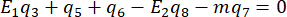 Static equilibrium equation diagram, E1q3 + q5 + q6 - E2q8 - mq7 = 0, mechanical balance study.