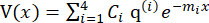 Potential energy function V(x) equation with summation, coefficients, and exponential decay factor.
