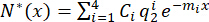 Mathematical expression for exponential decay; ΣCi*q2*e^-mi*x; equation analysis.