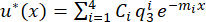 Partial differential equation, u*(x)=ΣC_iq_i^3e^(-m_ix), mathematical analysis formula.