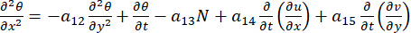 Heat transfer equation, partial derivatives, fluid dynamics analysis, mathematical formula.