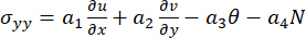 Stress tensor equation, σyy, showing partial derivatives and coefficients in a mathematical formula.