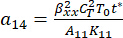 Equation for a14: β2xx C2T T0 t / A11 K11, thermodynamics, mathematical formula.