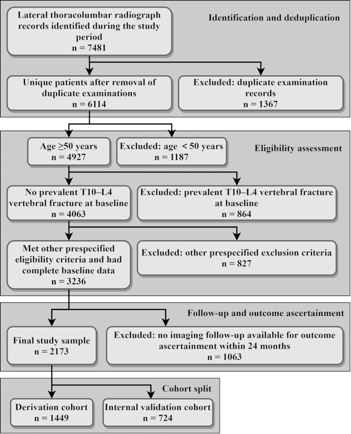 Lateral thoracolumbar radiograph study flowchart: patient inclusion and exclusion criteria pathway.