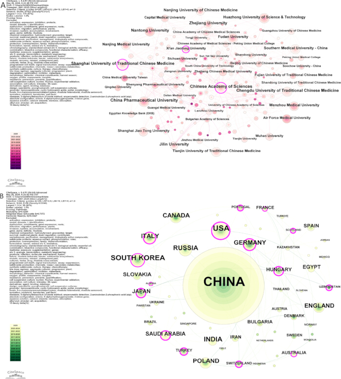 figure-results-5 Collaboration network diagrams; A: Chinese universities; B: Global research centers, density analysis.