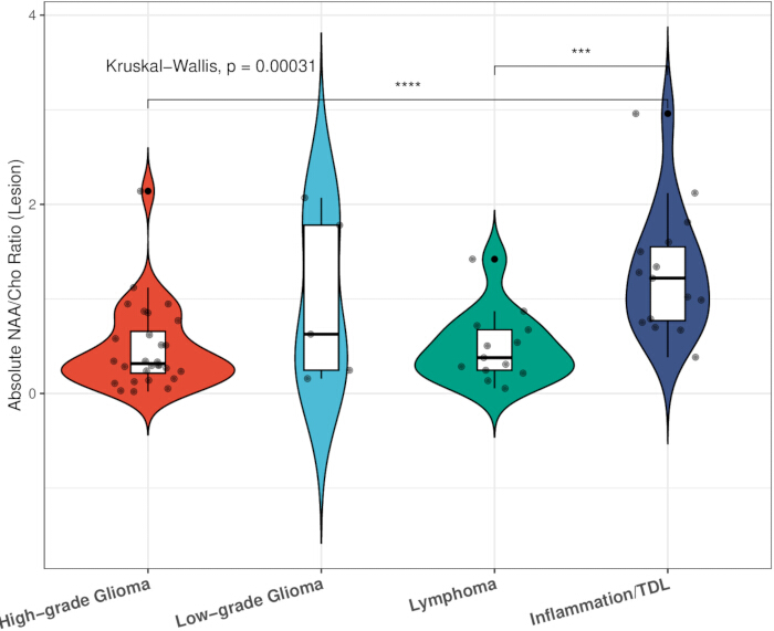 figure-results-2 NAA/Cho ratio comparison across lesions; violin plot; Kruskal-Wallis test, p=0.00031 significance.