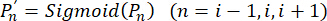 Sigmoid function equation, P'_n=Sigmoid(P_n), n=i-1,i,i+1, machine learning concept.
