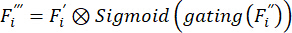 Neural network formula, \(F_i'' = F_i' \otimes \text{Sigmoid}(\text{gating}(F_i'))\), mathematical concept.