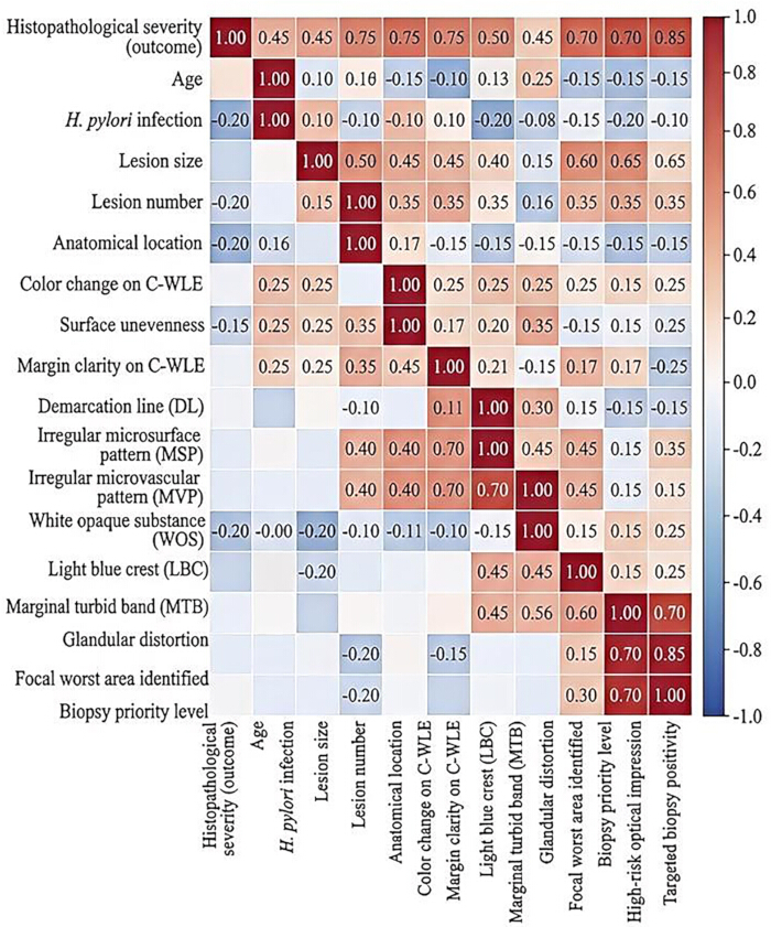 Correlation heatmap of histopathological severity factors with biopsy data analysis and color scale.