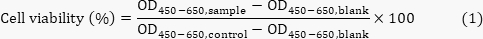 figure-protocol-1 细胞活力计算公式,样品、对照组、空白组的 OD450-650;生物测定分析公式。