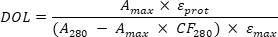 DOL equation for protein labeling; absorbance A_max, extinction coefficient ε_prot, correcting factor CF_280.