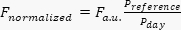 Equation for normalized force F with preference ratio shown; relevant to physics calculations.