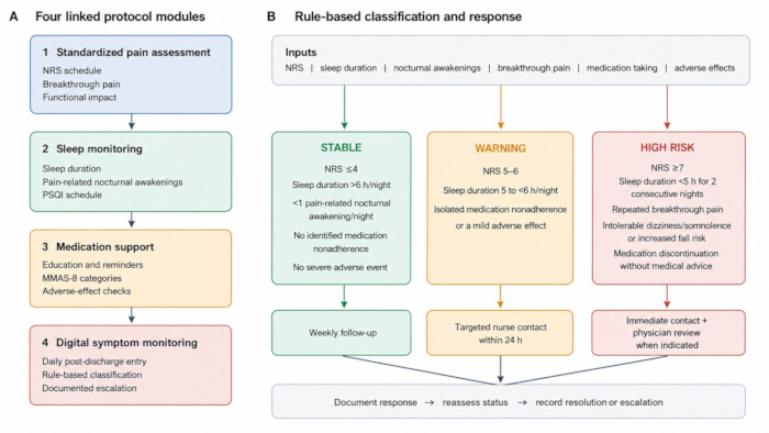Four-module protocol diagram; pain assessment, sleep monitoring, medication, digital symptom tracking. Rule-based classification: stable, warning, high risk.