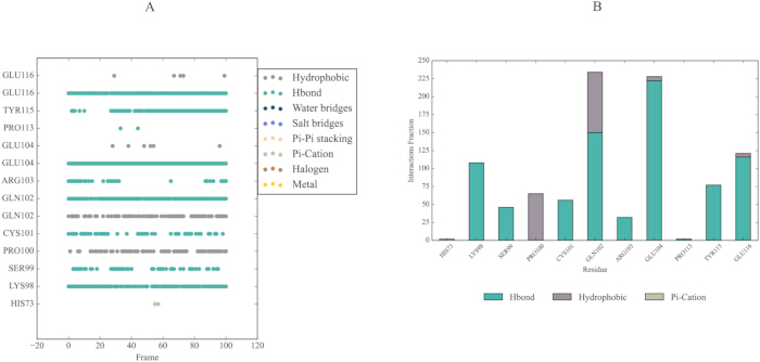 figure-results-7 Protein interaction analysis diagram and histogram; hydrogen bonds, hydrophobic, Pi-cation interactions.
