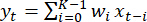 Time series forecasting formula, Σ notation, yt=Σ(K-1)i=0 wixi equation, mathematical equation.