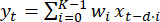 Linear regression math equation, ΣK-1 wixi-t-di, formula for predictive modeling.