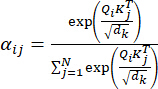 Equation for attention mechanism in neural networks, showing softmax normalization technique.