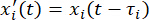 Time delay differential equation x'i(t)=xi(t-τi) used in dynamic systems analysis.