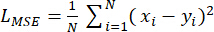 Mean squared error formula, L<sub>MSE</sub> = 1/N Σ(x<sub>i</sub> - y<sub>i</sub>)², statistical analysis.