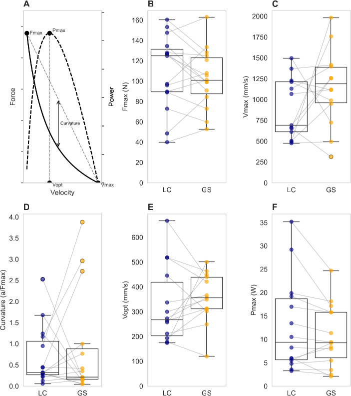 Force-velocity model diagram and box plots; analyze Fmax, Vmax in LC, GS conditions for biomechanics.