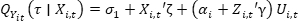Quantile regression equation, \(Q_{y_{it}}(\tau |X_{it}) = \sigma_1 + X_{it} \zeta + ( \alpha_i + Z_{it} \gamma ) U_{it}\)
