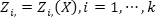 Mathematical equation, Zi=Zi(X), i=1,...,k, used in statistical or computational analysis.