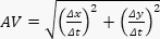 Average velocity formula: AV=√((Δx/Δt)²+(Δy/Δt)²), mathematical equation, physics concept.