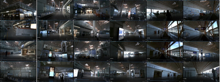 Panoramic airport architecture image, interior space, lighting design analysis.