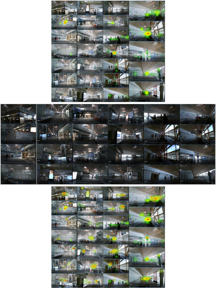 Visual attention analysis; heatmap frames; visitor path; spatial awareness; indoor navigation study.