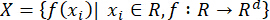 Mathematical concept: function mapping, set notation, equation, X={f(xi)|xi∈R, f:R→Rd}.