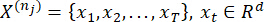 Mathematical notation for sequence analysis, showing X(n)=(x1,...,xT), xt ∈ Rd equation.