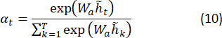 Softmax equation diagram; neural network attention mechanism; at=exp(Waht)/ΣTexp(Wahk).