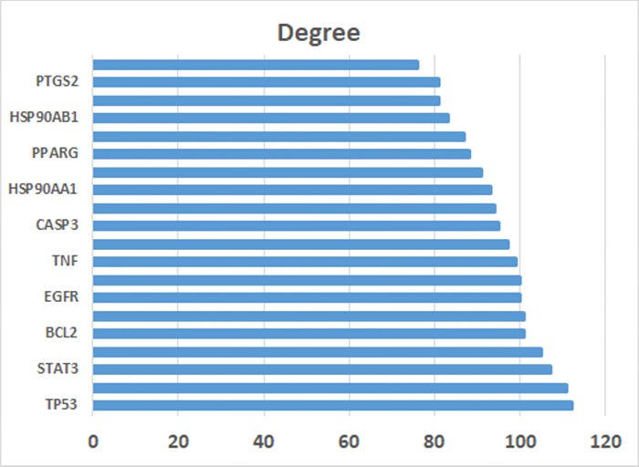 figure-results-4 Bar chart of protein interaction degrees; TP53 highest, PTGS2 lowest; analysis of network metrics.