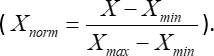 归一化公式：\(X_{\text{norm}} = \frac{X - X_{\text{min}}}{X_{\text{max}} - X_{\text{min}}}\)。