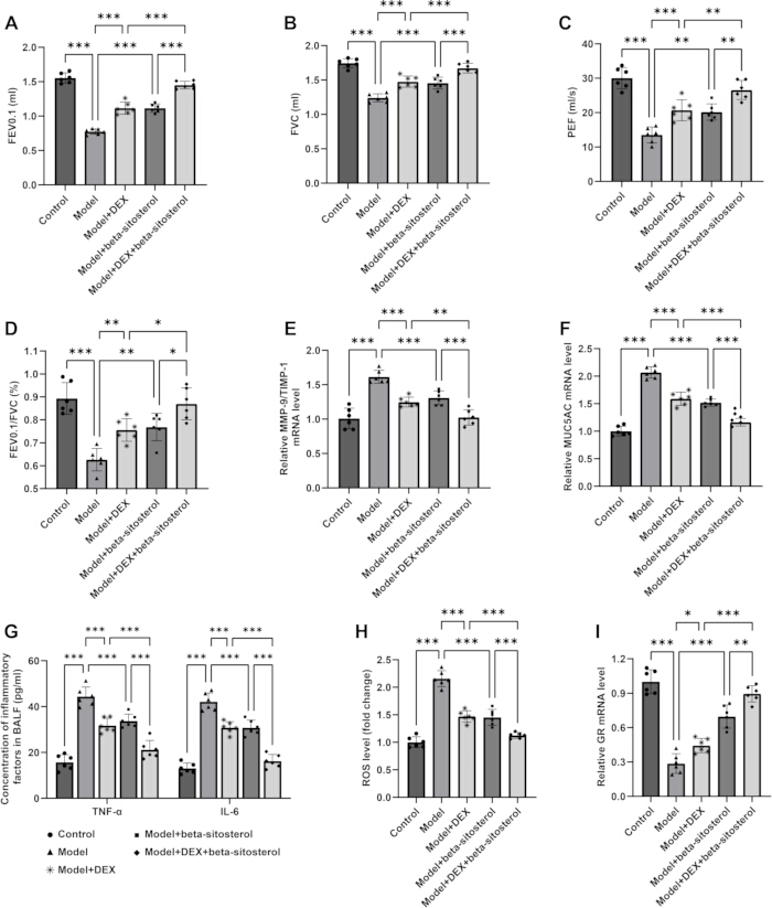 Pulmonary function and inflammatory markers bar charts, statistical analysis; FEV1, FVC, IL-6 data.