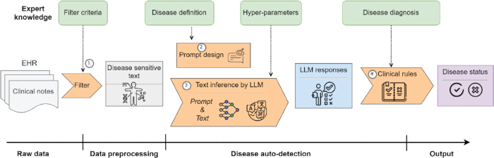 figure-protocol-1 电子健康记录数据处理流程图;临床笔记过滤;通过大语言模型进行疾病推断;诊断流程。