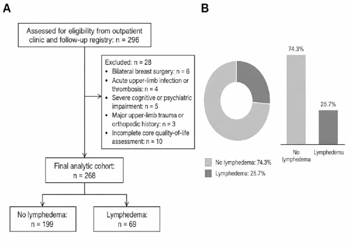 Eligibility flowchart and pie chart analyzing lymphedema incidence; cohort demographics included.