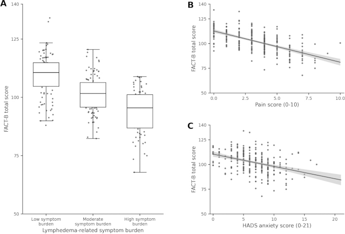 FACT-B score analysis; box plot and scatter plots; symptom burden vs. pain and anxiety scores.